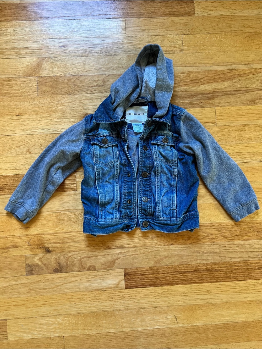 Toughskins youth size 5/6 Denim Jacket with Gray Hoodie Sleeves